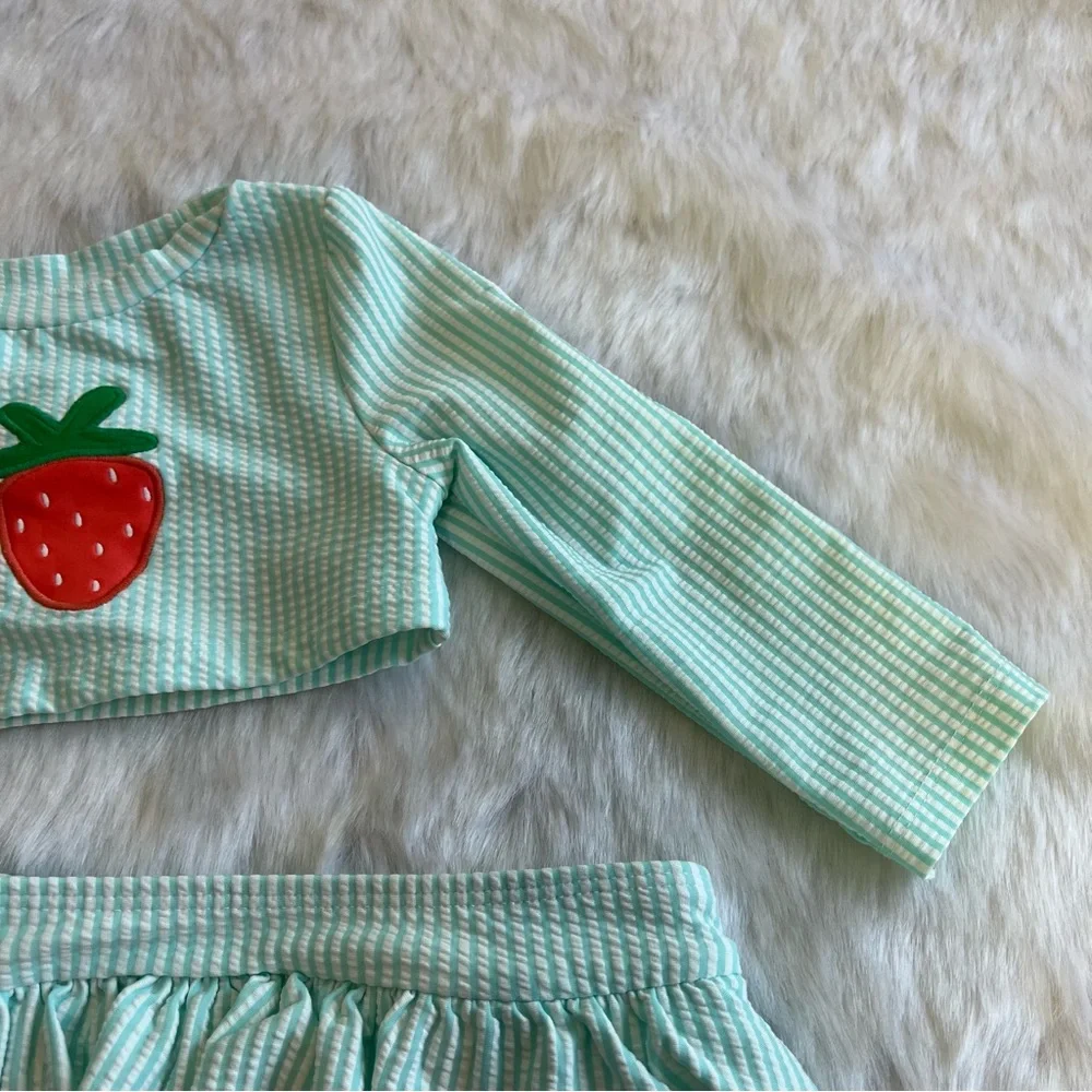 Cat & Jack Girls Long‎ Sleeve Striped Strawberry Two Piece Swimsuit Blue 18 M